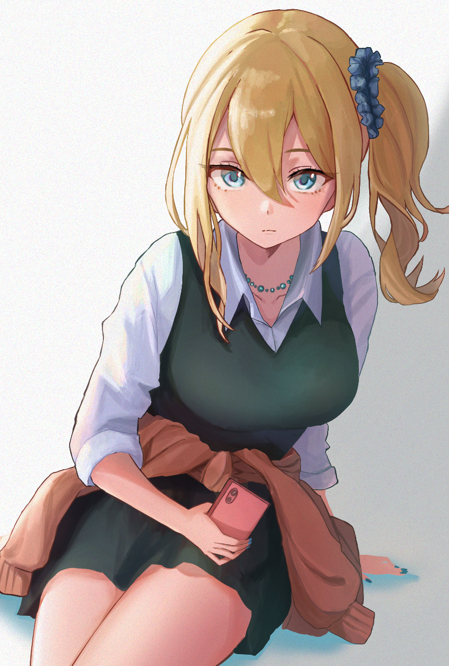 1girl, amefukura_art, black_dress, blonde_hair, cellphone, clothes_around_waist, collared_shirt, cowboy_shot, dress, dress_shirt, expressionless, eyelashes, hair_between_eyes, hayasaka_ai, highres, holding, holding_phone, kaguya-sama_wa_kokurasetai_~tensai-tachi_no_renai_zunousen~, long_hair, looking_at_viewer, phone, pinafore_dress, school_uniform, scrunchie, shirt, short_dress, shuuchiin_academy_school_uniform, side_ponytail, sitting, sleeveless, sleeveless_dress, smartphone, solo, sweater, sweater_around_waist, white_shirt