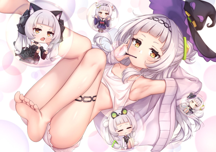 1girl, absurdres, arata_(xin), armpits, ass, barefoot, blunt_bangs, blush, bubble, blowing_bubbles, chibi, collarbone, commentary, feet, flat_chest, hair_bun, hat, headpiece, highres, hololive, jacket, jitome, light_purple_hair, looking_at_viewer, multiple_persona, murasaki_shion, murasaki_shion_(1st_costume), murasaki_shion_(qi_idol), murasaki_shion_(new_year), murasaki_shion_(gothic_lolita), official_alternate_costume, open_clothes, open_jacket, pajamas, pink_jacket, single_hair_bun, soles, tank_top, thighs, toes, virtual_youtuber, witch_hat, yellow_eyes