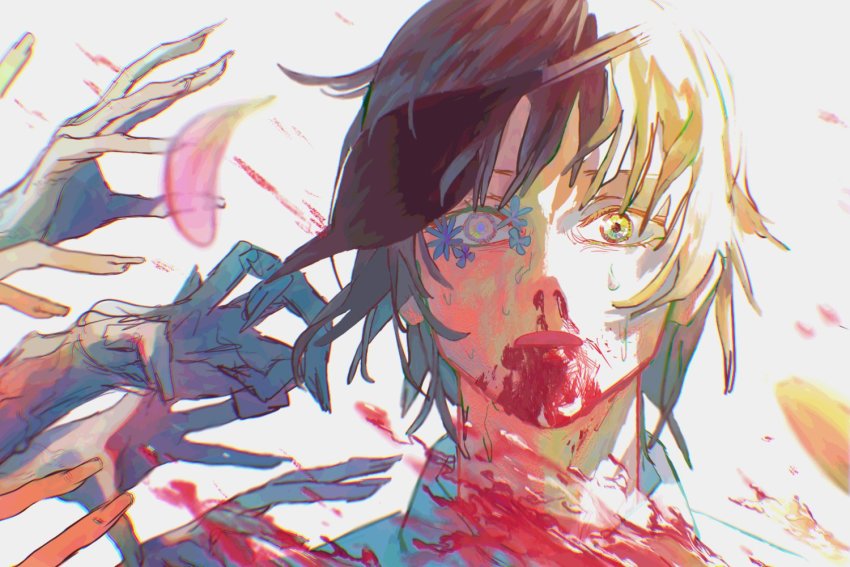 1girl, 1other, black_hair, bleeding, blind, blood, blood_from_mouth, blood_on_clothes