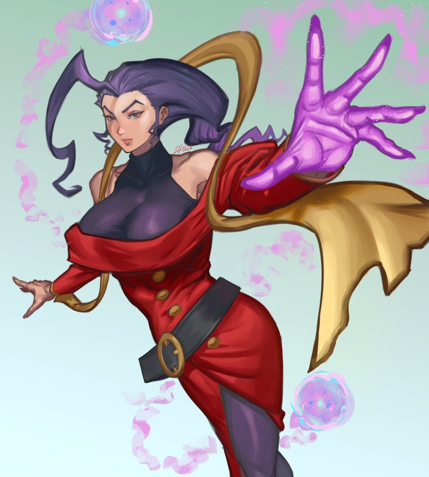 ahoge, artist_name, bare_shoulders, belt_buckle, blue_background, breasts, buckle, capcom, dress, glowing, glowing_hand, gold_buttons, highres, hqas, huge_ahoge, large_belt, large_breasts, orbs_of_light, purple_energy, purple_eyes, purple_hair, purple_stockings, red_dress, rose_(street_fighter), scarf, shaded_face, street_fighter, street_fighter_zero_(series)