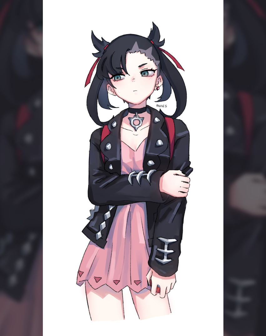 1girl, absurdres, anies_only, artist_name, asymmetrical_bangs, bad_id, bad_pixiv_id, black_choker, black_hair, black_jacket, black_nails, choker, closed_mouth, collarbone, cowboy_shot, dress, earrings, green_eyes, hair_ribbon, hand_on_own_arm, highres, holding, holding_poke_ball, jacket, jewelry, long_sleeves, looking_away, marnie_(pokemon), mixed-language_commentary, nail_polish, nintendo, open_clothes, open_jacket, pink_dress, poke_ball, poke_ball_(basic), pokemon, pokemon_sword_and_shield, red_ribbon, ribbon, simple_background, solo, white_background