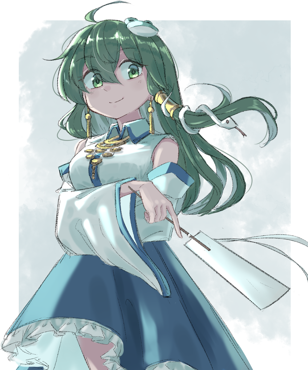 1girl, 5alive, ahoge, arm_under_breasts, arms_under_breasts, bare_legs, bare_shoulders, blue_skirt