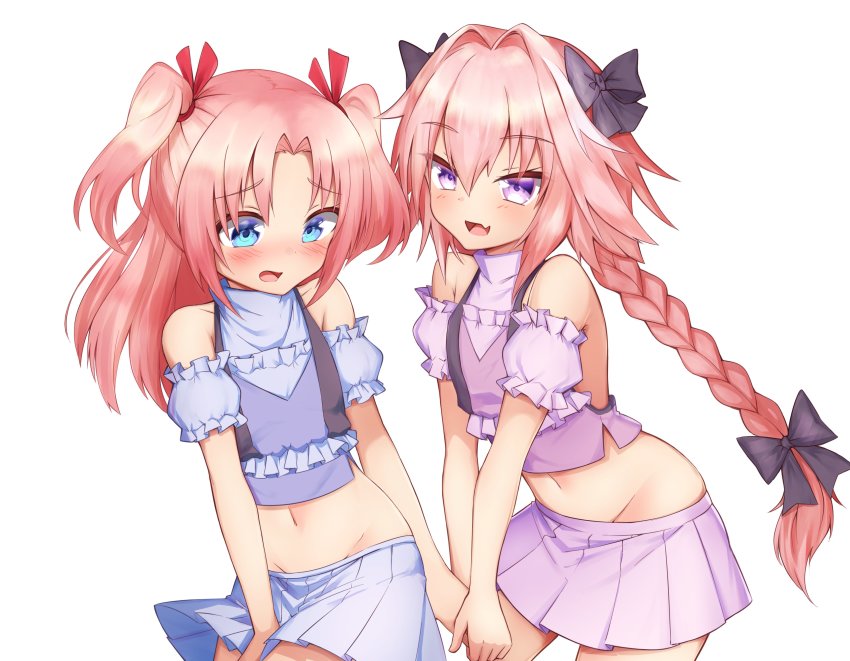 2boys, :d, absurdres, arikawa_hime, astolfo_(fate), black_bow, blue_eyes, blue_shirt