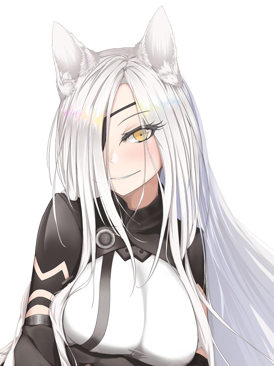 1girl, alchemist_(girls'_frontline), animal_ears, blush, breasts, cat_ears, closed_mouth, eien_(x0b3o6x7), eyepatch, girls'_frontline, highres, long_hair, looking_at_viewer, sangvis_ferri, smile, solo, white_background, white_hair, yellow_eyes
