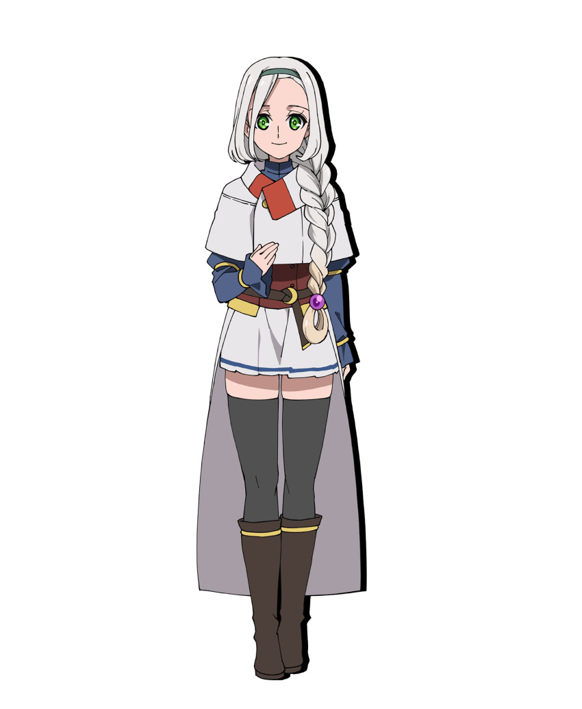 1girl, boots, full_body, green_eyes, highres, kumo_desu_ga_nani_ka?, official_art, skirt, smile, solo, thigh_boots, thighhighs, white_hair, yurin_ullen