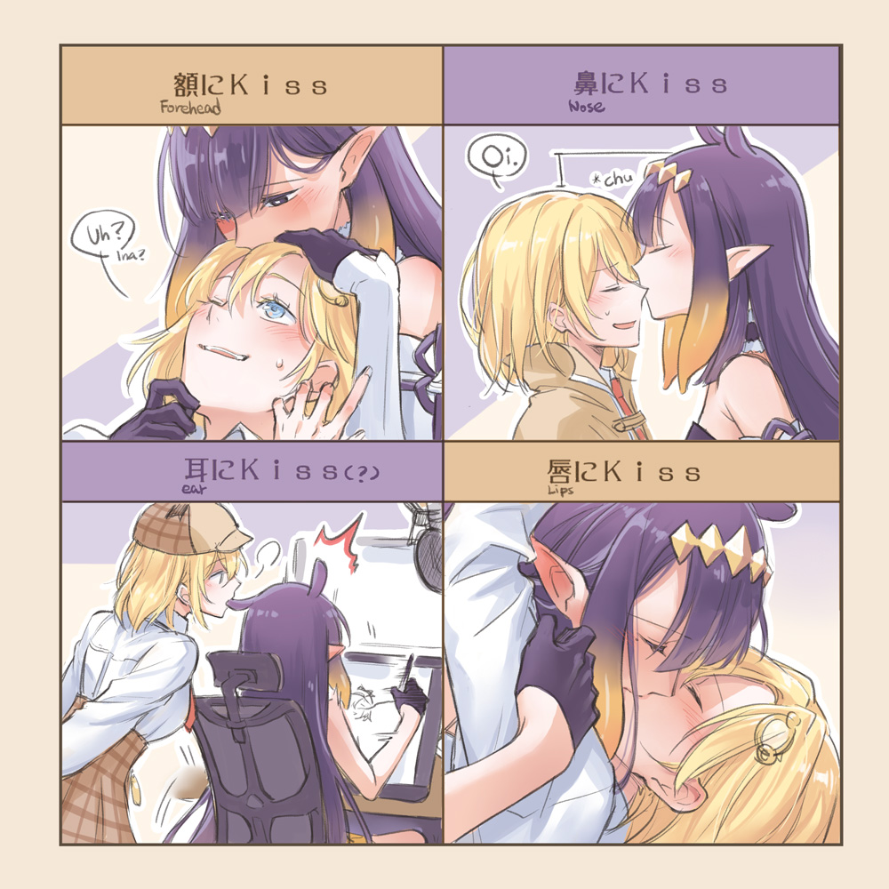 blonde_hair, blue_eyes, drawing_tablet, hair_ornament, half-closed_eyes, hololive, hololive_english, kiss, kissing_cheek, kissing_forehead, kissing_nose, long_hair, multiple_girls, ninomae_ina'nis, ninomae_ina'nis_(1st_costume), pointy_ears, purple_hair, shirt, smile, tentacle_hair, tentacles, virtual_youtuber, watson_amelia, watson_amelia_(1st_costume), yohchi, yuri