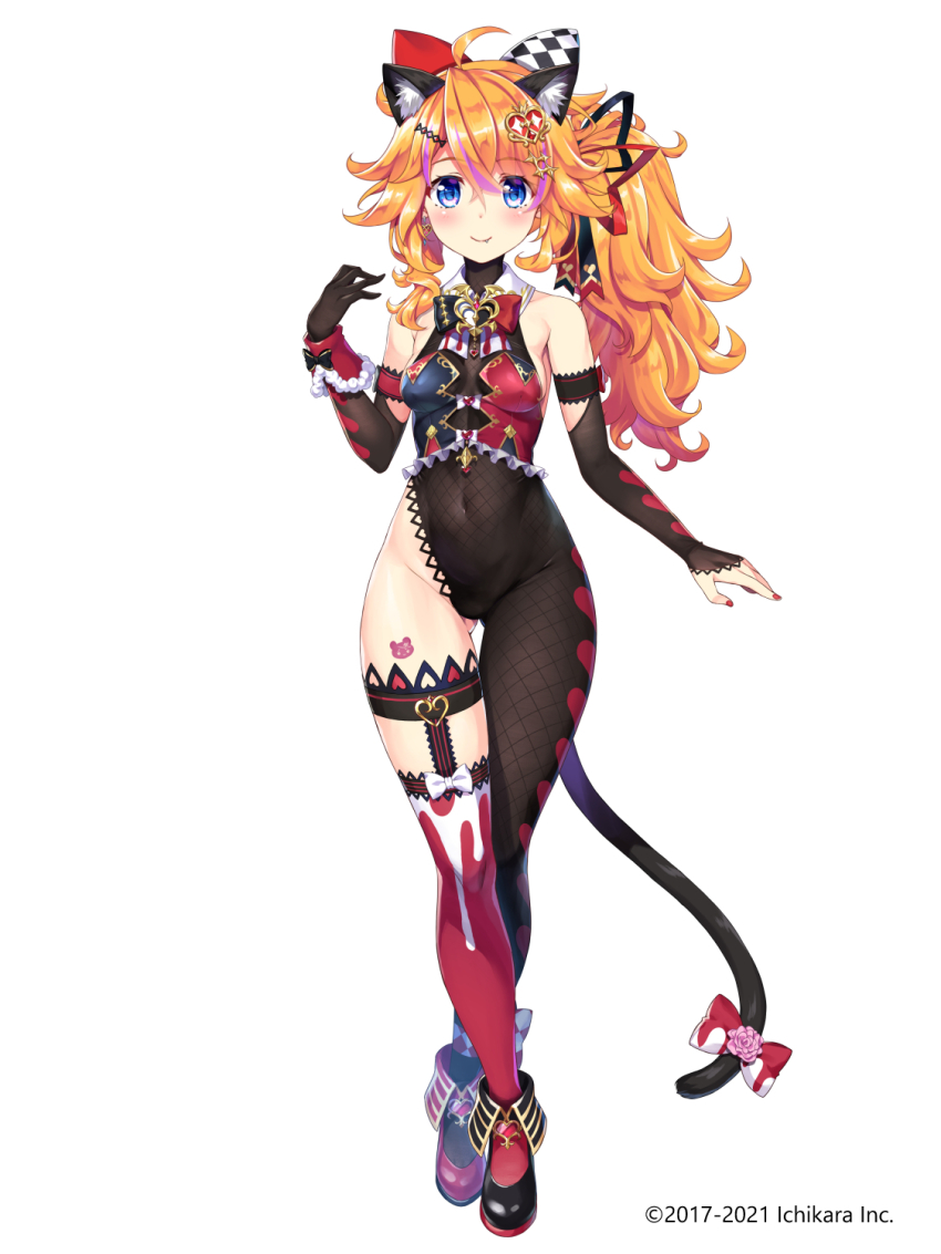 1girl, animal_ears, asymmetrical_clothes, asymmetrical_gloves, asymmetrical_legwear, blue_eyes, bodystocking, breasts, cat_ears, cat_tail, full_body, gloves, highres, leotard, long_hair, looking_at_viewer, matanonki, medium_breasts, nail_polish, nijisanji, orange_hair, otogibara_era, otogibara_era_(4th_costume), side_ponytail, smile, solo, tail, uneven_gloves, uneven_legwear, virtual_youtuber