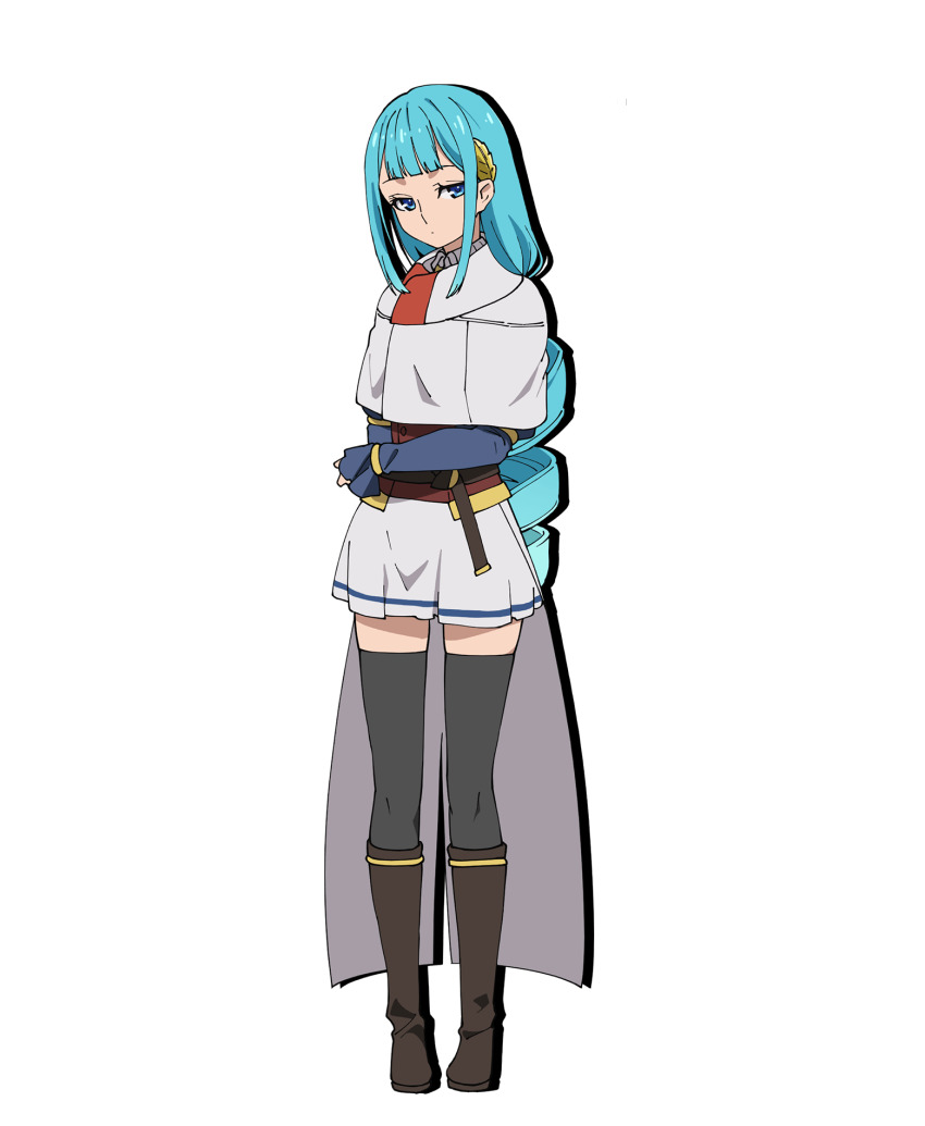 1girl, blue_eyes, blue_hair, boots, full_body, gloves, highres, kumo_desu_ga_nani_ka?, long_hair, official_art, skirt, solo, suelecia_analeit, transparent_background