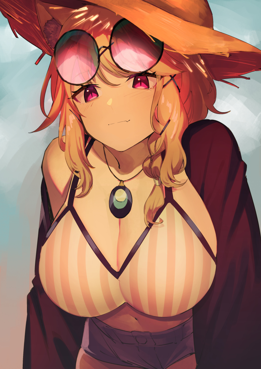 1girl, absurdres, animal_ear_fluff, animal_ears, arknights, blue_background, braid, breasts, brown_hat, cleavage, closed_mouth, collarbone, commentary_request, eyewear_on_head, fang, gradient_background, grey_background, hat, hati105, highres, jewelry, large_breasts, light_smile, long_hair, looking_at_viewer, necklace, official_alternate_costume, orange_hair, pink_eyes, round_eyewear, shorts, side_braid, simple_background, single_braid, skin_fang, solo, sunglasses, swimsuit_cover-up, upper_body, utage_(arknights), utage_(summer_flowers)_(arknights)