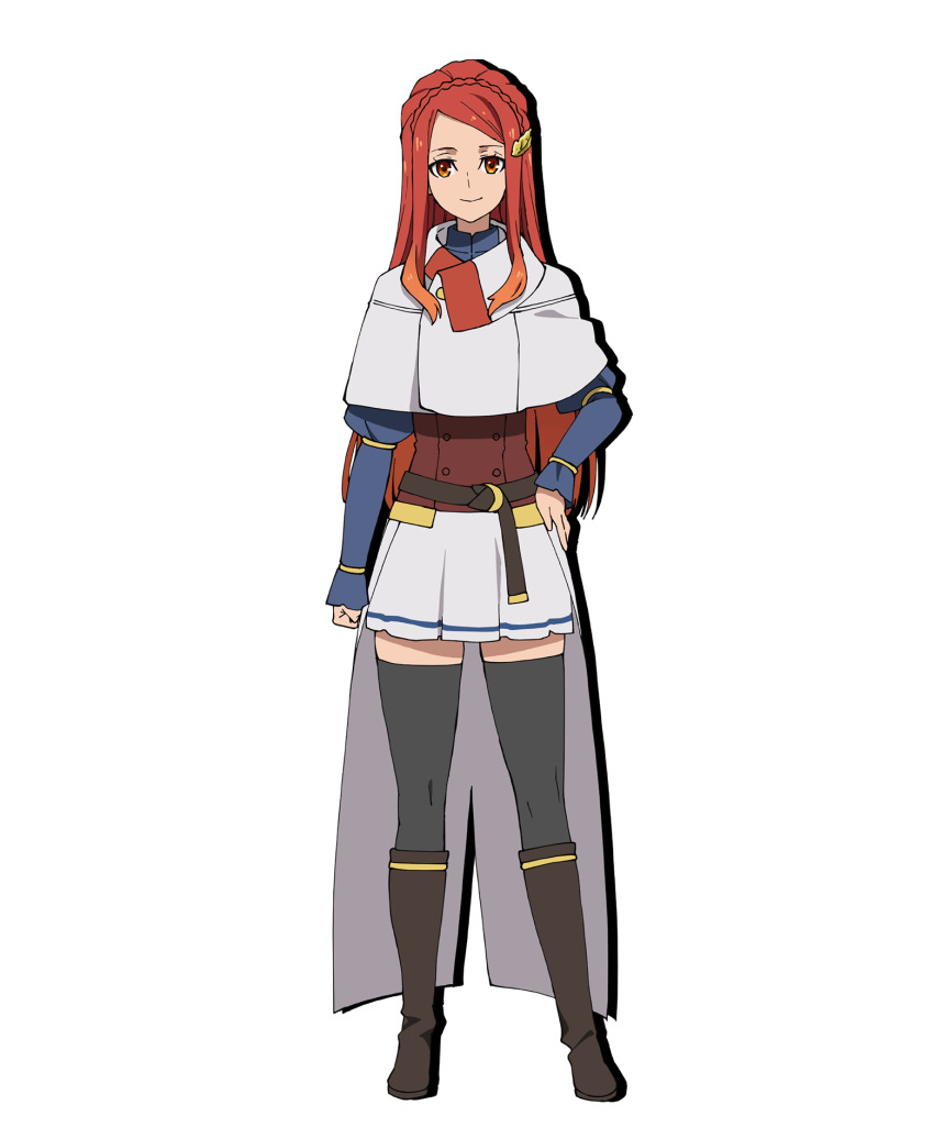 1girl, boots, breasts, full_body, highres, karnatia_seri_anabald, kumo_desu_ga_nani_ka?, long_hair, miniskirt, official_art, orange_eyes, red_hair, school_uniform, shirt, skirt, solo, white_shirt