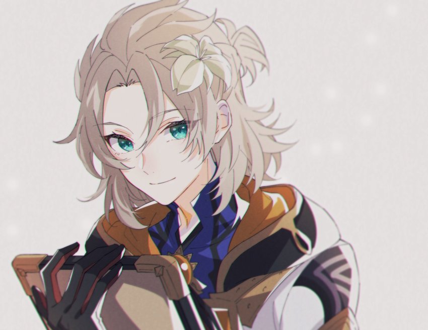 1boy, albedo_(genshin_impact), black_gloves, blonde_hair, blue_shirt, commentary, flower, genshin_impact