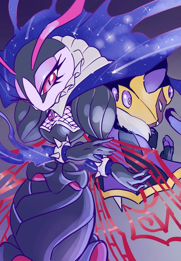 1boy, 1girl, antennae, arthropod_girl, back-to-back, bracelet, brooch, cape, dark_taranza, disembodied_hand, dress, eyelashes, fishnet_top, fishnets, frills, gloves, grey_background, high_collar, insect_wings, jewelry, juliet_sleeves, kirby:_triple_deluxe, kirby_(series), kumoketu, long_sleeves, nintendo, no_humans, puffy_sleeves, queen_sectonia, red_eyes, spiked_bracelet, spikes, stinger, taranza, team_kirby_clash_deluxe, wings