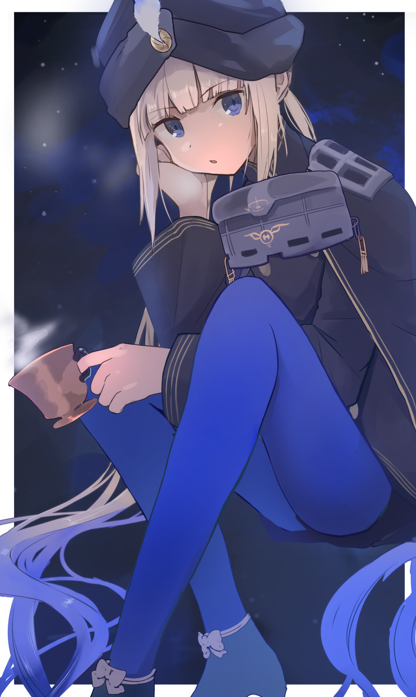 1boy, blue_eyes, cape, captain_nemo_(fate), captain_nemo_(third_ascension)_(fate), cheek_rest, cup, fate/grand_order