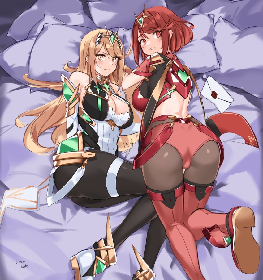 2girls, ass, bare_shoulders, bed, black_gloves, black_legwear, blonde_hair, blush