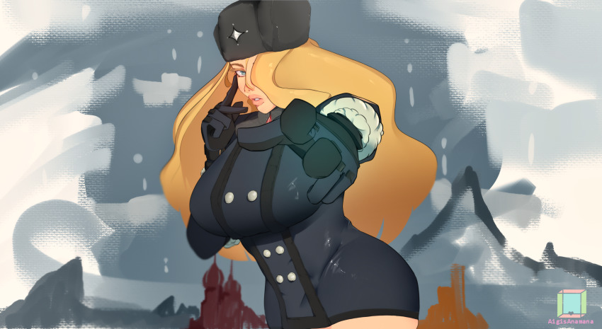 1girl, aigisanamana, black_gloves, blonde_hair, blue_eyes, breasts, buttons, coat