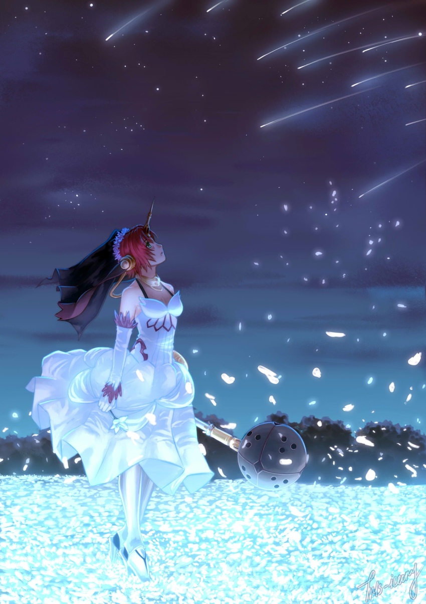 1girl, armored_boots, blue_eyes, boots, breasts, bridal_veil, commentary, dress