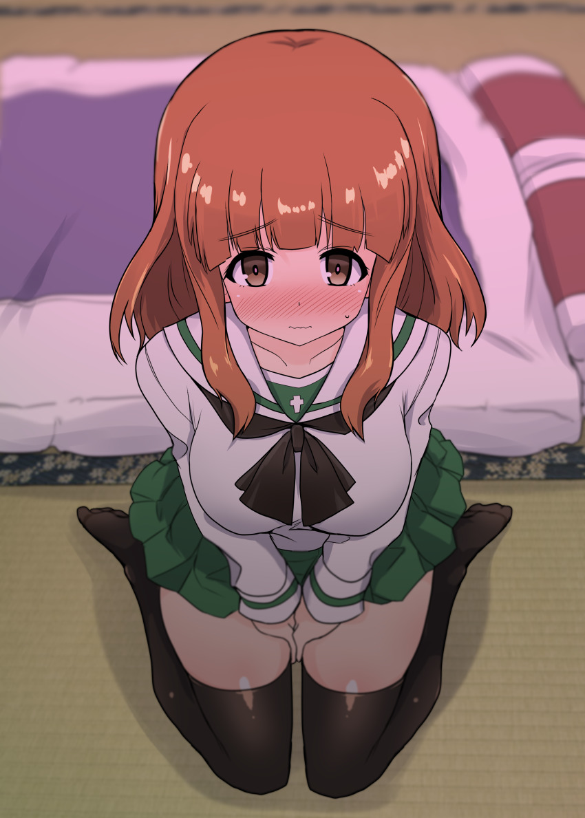 1girl, absurdres, animal_print, between_legs, black_neckerchief, black_thighhighs, blouse, blunt_bangs, blurry, blurry_background, blush, closed_mouth, commentary, cow_print, depth_of_field, frown, futon, girls_und_panzer, green_skirt, hand_between_legs, highres, indoors, long_hair, long_sleeves, looking_at_viewer, miniskirt, neckerchief, ooarai_school_uniform, orange_eyes, orange_hair, pleated_skirt, sailor_collar, school_uniform, serafuku, shirt, sitting, skirt, solo, sweatdrop, takebe_saori, tatami, thighhighs, wariza, white_sailor_collar, white_shirt, yogurt_bakudan