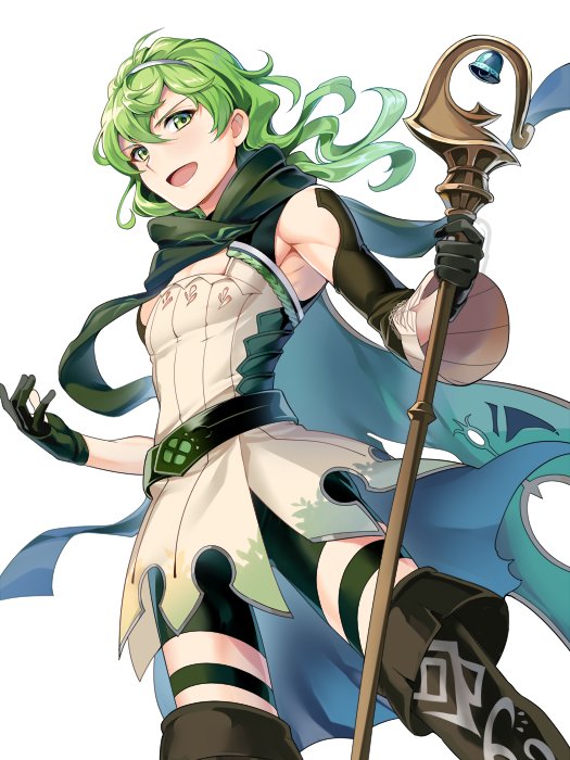 1boy, belt, cape, david_(fate), david_(third_ascension)_(fate), detached_sleeves, fate/grand_order, fate_(series), gloves, green_eyes, green_hair, hairband, hakka_(88hk88), happy, high_collar, holding, holding_staff, long_hair, looking_at_viewer, male_focus, muscular, muscular_male, open_mouth, short_sleeves, shorts, simple_background, solo, staff, white_background, wide_sleeves