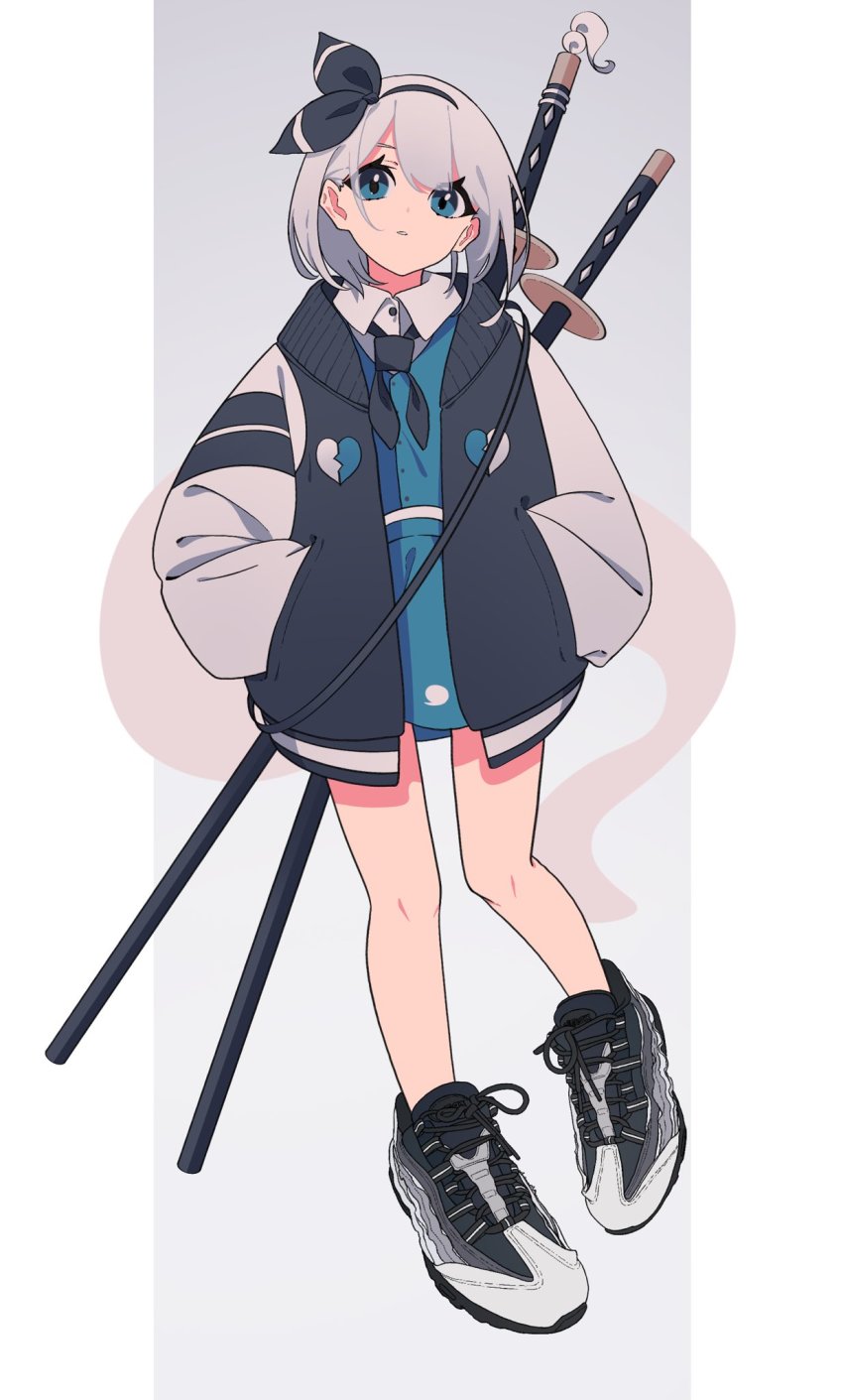 1girl, air_max_95, bad_id, bad_twitter_id, black_ribbon, bob_cut, collared_shirt, contemporary