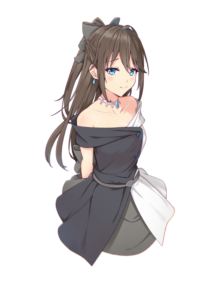 1girl, absurdres, arms_behind_back, bare_shoulders, belt, black_belt, black_bow, black_dress