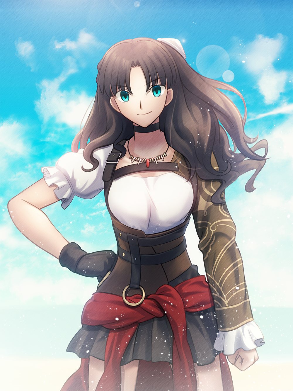 1girl, aqua_eyes, asymmetrical_gloves, black_gloves, black_skirt, blue_sky, brown_hair, cowboy_shot