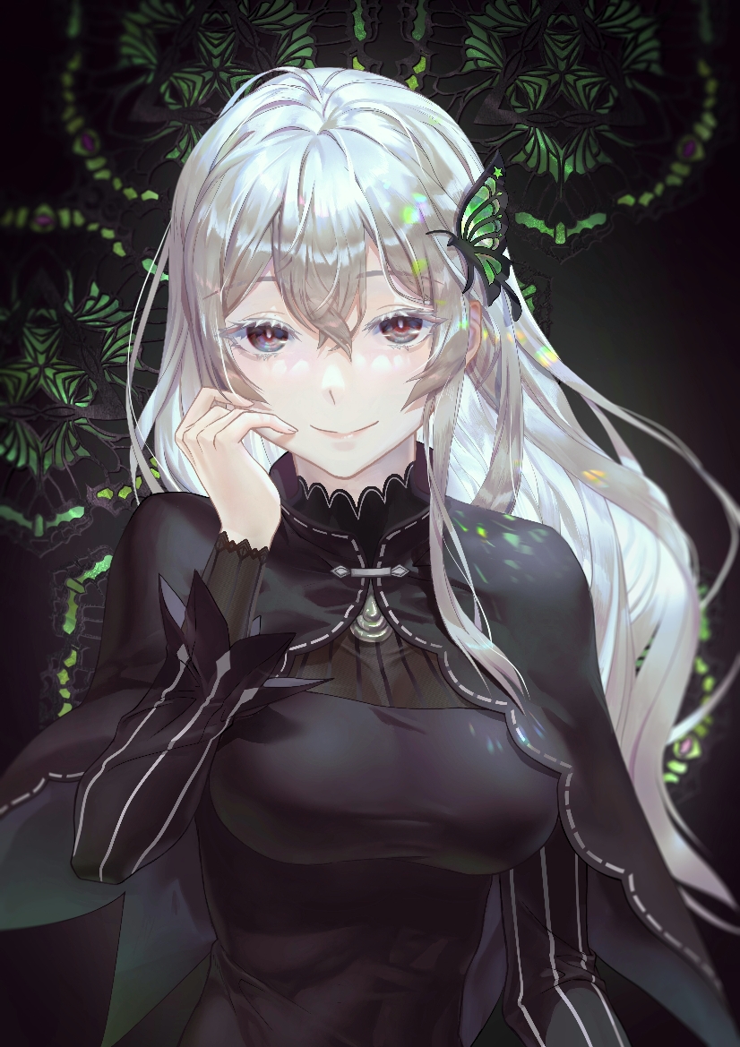 1girl, black_capelet, black_eyes, black_sleeves, blacksonata5, breasts, capelet, closed_mouth, colored_eyelashes, echidna_(re:zero), eyelashes, floating_hair, hair_between_eyes, hair_ornament, long_hair, long_sleeves, looking_at_viewer, medium_breasts, re:zero_kara_hajimeru_isekai_seikatsu, silver_hair, smile, solo, upper_body, very_long_hair, white_eyelashes