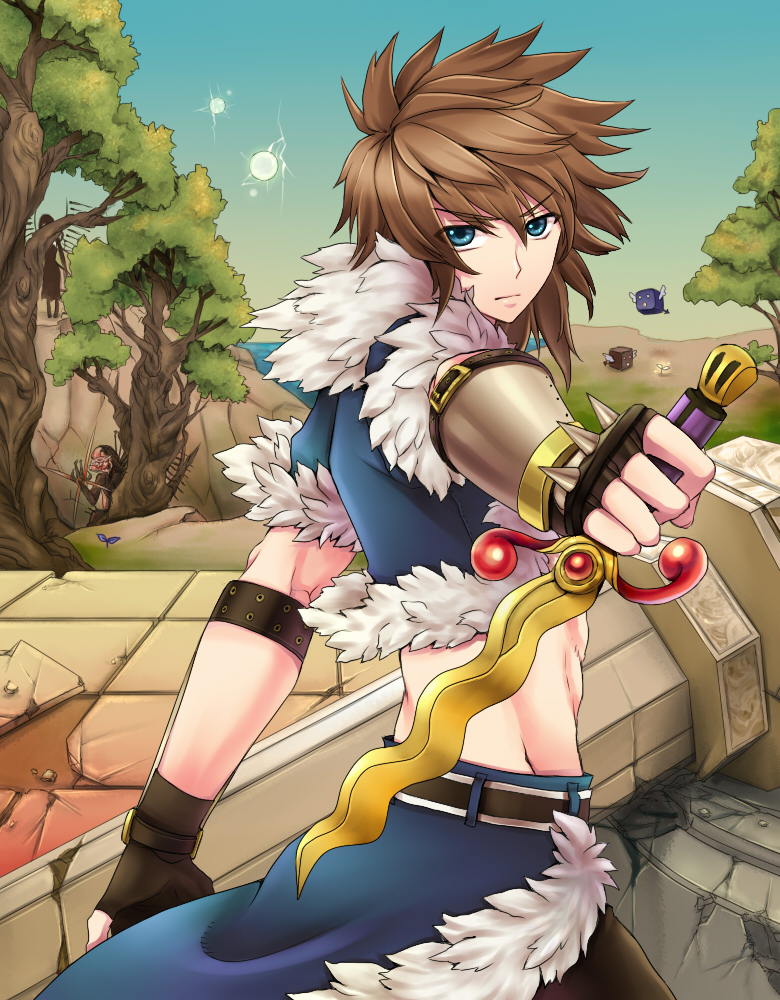 1boy, 1girl, 1other, angel_wings, black_dress, black_gloves, blue_cape, blue_eyes, blue_jacket, blue_sky, brown_hair, brown_pants, cape, claws, closed_mouth, column, commentary_request, cowboy_shot, crop_top, dagger, demon, dress, energy_ball, fingerless_gloves, frus, fur-trimmed_cape, fur-trimmed_jacket, fur_trim, gauntlets, gloves, gradient_sky, herb, holding, holding_dagger, holding_knife, holding_weapon, jacket, knife, looking_at_viewer, looking_to_the_side, medium_hair, misuguu, open_clothes, open_jacket, pants, pillar, plant, plasma_(ragnarok_online), ragnarok_online, ruins, short_sleeves, skeggiold, skogul, sky, solo_focus, spiked_gauntlets, stalker_(ragnarok_online), standing, tile_floor, tiles, tree, waist_cape, water, weapon, wings