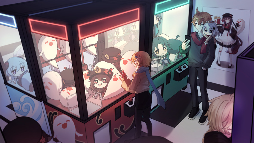 3boys, 4girls, aether_(genshin_impact), apron, arcade, bird, blonde_hair, blue_hair