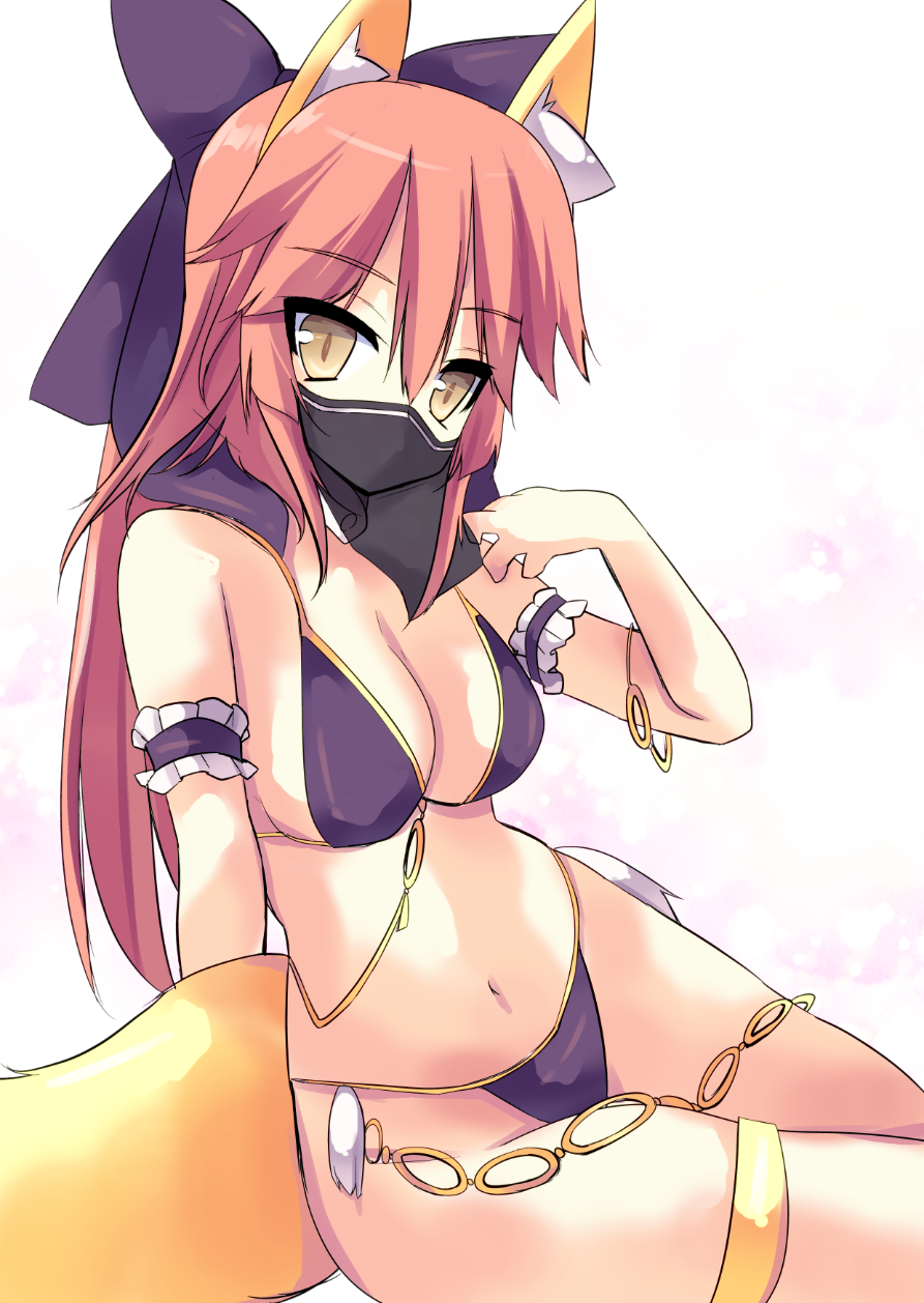 1girl, animal_ear_fluff, animal_ears, breasts, cleavage, covered_mouth, fate/extra, fate_(series), female_focus, fox_ears, fox_girl, fox_tail, hair_ribbon, highres, large_breasts, looking_at_viewer, mouth_veil, navel, pink_hair, ribbon, ruugaruu, sitting, solo, swimsuit, tail, tamamo_no_mae_(fate), veil, yellow_eyes