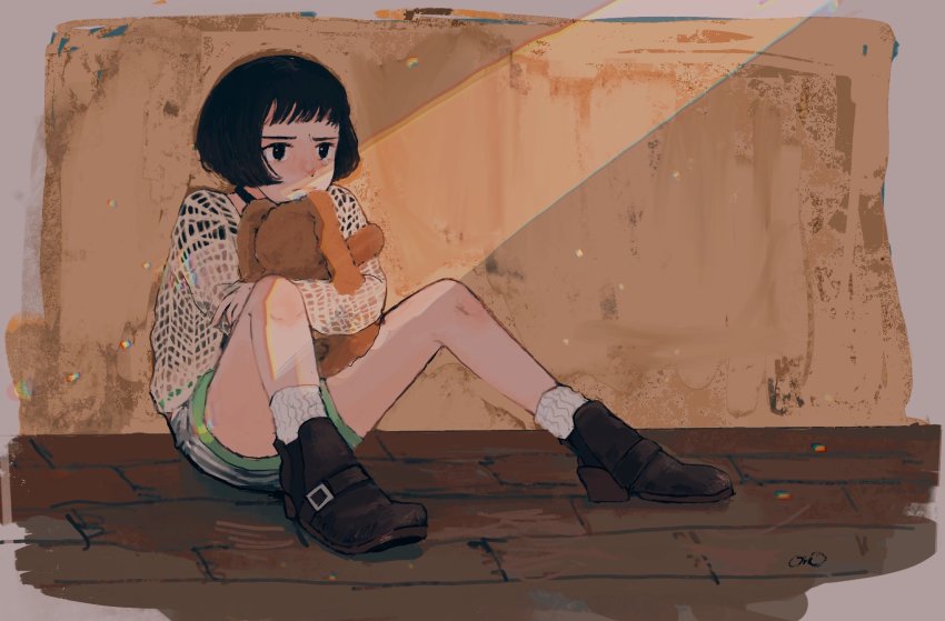 1girl, black_eyes, black_hair, bob_cut, choker, female_focus, high_heels, highres, leon_the_professional, mathilda_lando, on_ground, onobane_(mogyugyu88), short_hair, short_shorts, shorts, sitting, socks, solo, stuffed_animal, stuffed_dog, stuffed_toy, wooden_floor