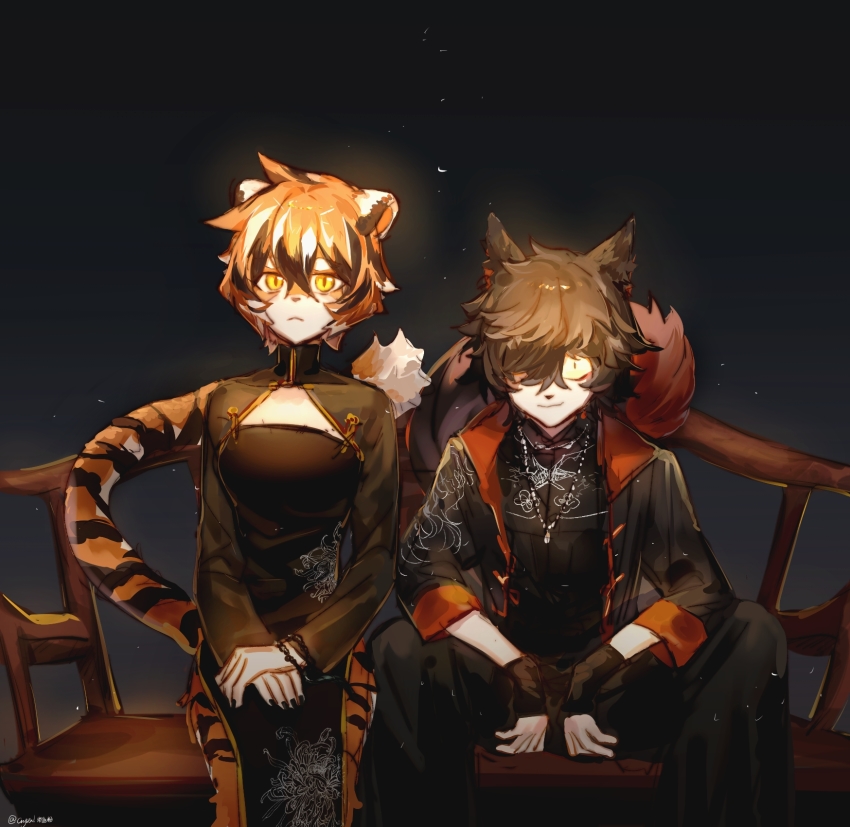 1boy, 1girl, aak_(arknights), alternate_costume, animal_ears, arknights, black_hair, cat_ears, china_dress, chinese_clothes, crystal_fish_(taziku), dress, fingerless_gloves, furry, furry_female, furry_male, gloves, highres, jewelry, medium_hair, multicolored_hair, necklace, sitting, smile, streaked_hair, tiger_ears, traditional_clothes, waai_fu_(arknights)