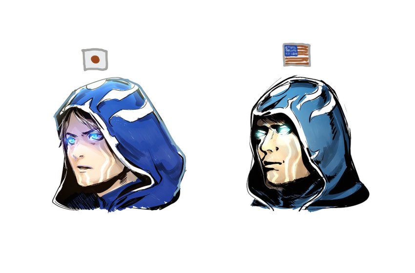 1boy, american_flag, blank_eyes, blue_eyes, brown_hair, comparison, facial_mark, glowing