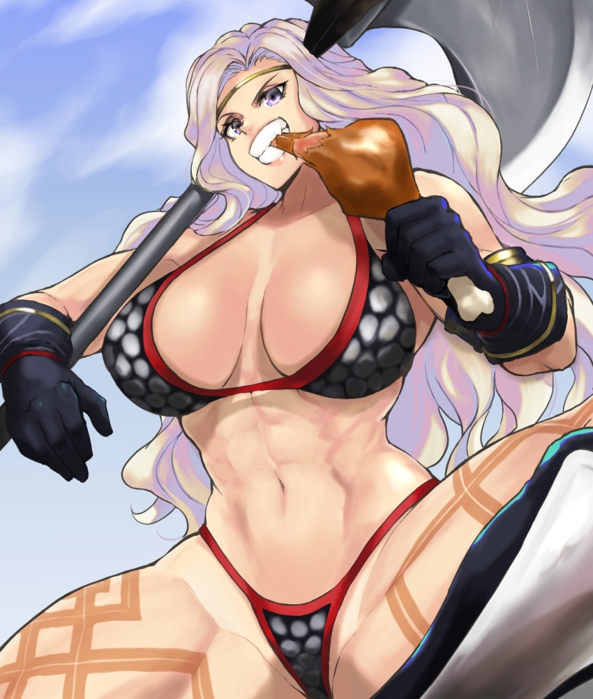 1girl, abs, amazon_(dragon's_crown), amazon_warrior, anagumasan, armor, armored_boots, axe, battle_axe, bikini, bikini_armor, black_footwear, black_gloves, blue_sky, boots, breasts, cloud, dragon's_crown, eating, food, gloves, highres, holding, holding_weapon, large_breasts, leg_tattoo, long_hair, meat, muscular, muscular_female, navel, purple_eyes, silver_bikini, silver_hair, sky, swimsuit, tattoo, turkey_(food), turkey_leg, vanillaware, weapon