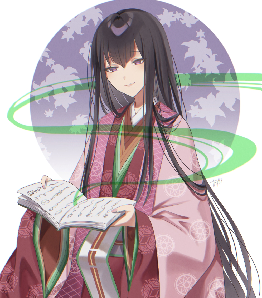 1girl, black_hair, book, fate/grand_order, fate_(series), hair_between_eyes, hime_cut, holding