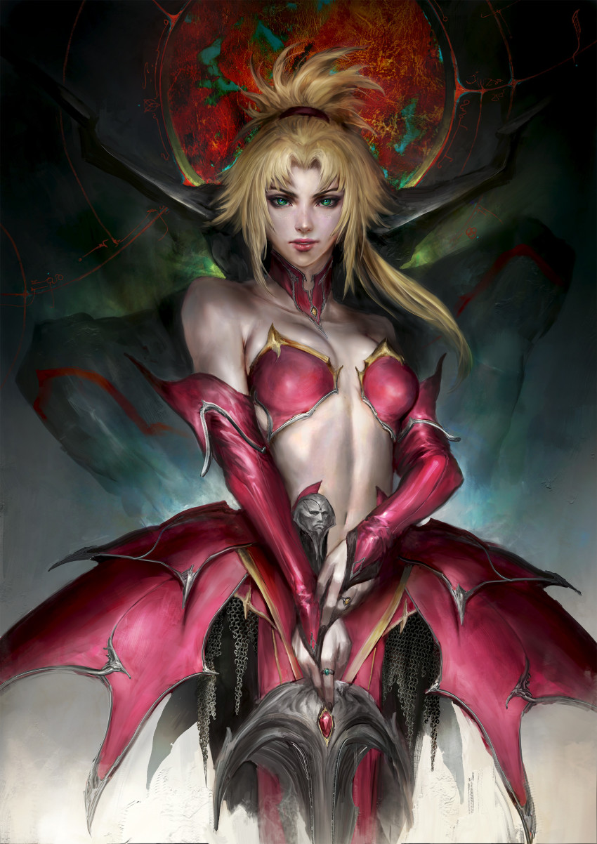 1girl, absurdres, adapted_costume, armpit_crease, bare_shoulders, blonde_hair, bra, breasts