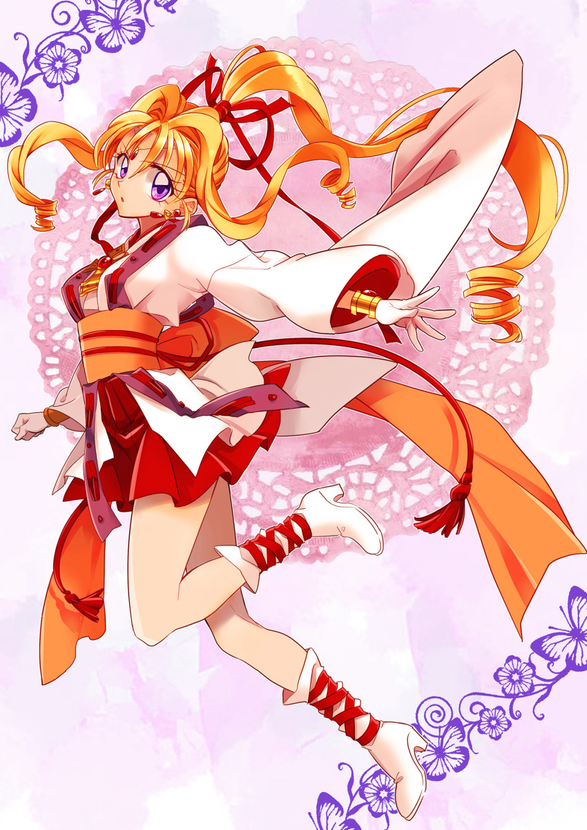 1girl, back_bow, blonde_hair, boots, bow, earrings, full_body, gloves