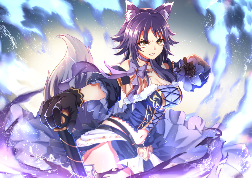 1girl, animal_ear_fluff, animal_ears, apron, bare_shoulders, belt, black_gloves, blush