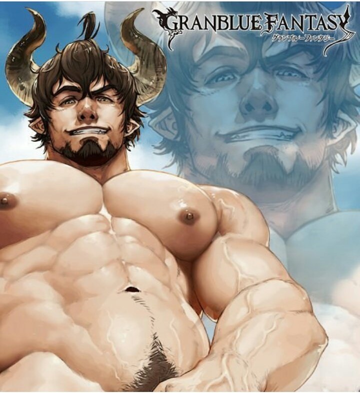 1boy, abs, animal_ears, bara, barawa, brown_eyes, brown_hair, chinese_zodiac, completely_nude, cow_ears, cow_horns, draph, facial_hair, from_below, goatee, granblue_fantasy, horns, large_pectorals, looking_at_viewer, male_focus, male_pubic_hair, mature_male, messy_hair, muscular, muscular_male, navel, navel_hair, nipples, nude, pectorals, pointy_ears, projected_inset, pubic_hair, rumlockerart, short_hair, smile, solo, stomach, veins, year_of_the_ox