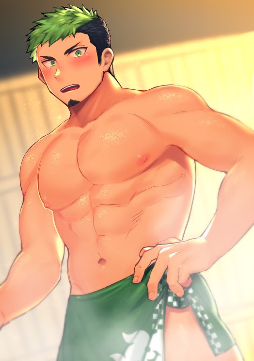 1boy, abs, bara, bare_pectorals, black_hair, blush, cowboy_shot, dark-skinned_male