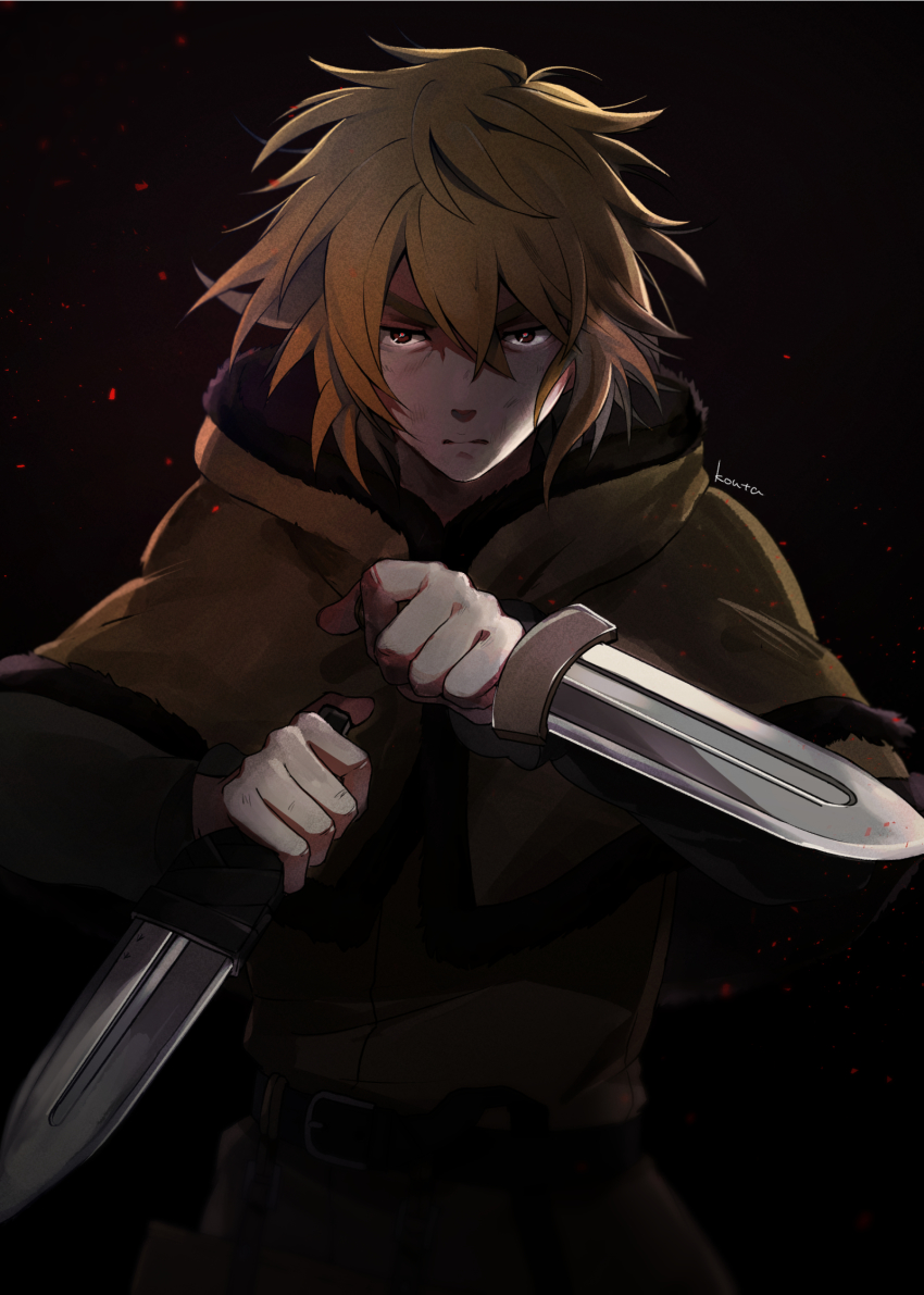 1boy, black_background, blonde_hair, brown_eyes, fighting, fighting_stance, fur_trim, hair_between_eyes