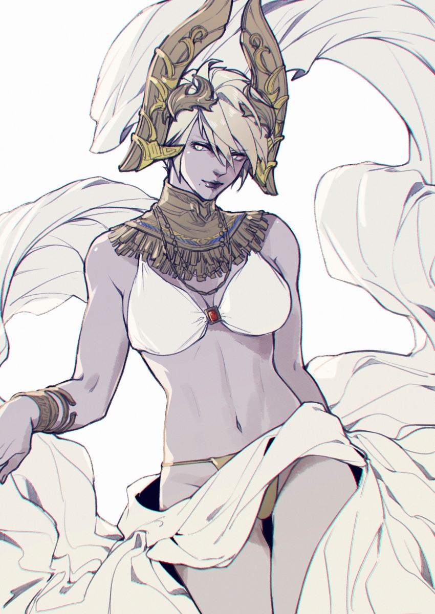 1girl, absurdres, arm_at_side, bare_arms, bare_shoulders, bikini, bracelet, breasts, colored_skin, crown, detached_collar, final_fantasy, final_fantasy_xiv, grey_skin, groin, highres, jewelry, kagari6496, large_breasts, lips, looking_to_the_side, misija_votyasch, mole, mole_under_mouth, navel, necklace, purple_lips, queen_gunnhildr, roegadyn, short_hair, simple_background, smile, solo, stomach, swimsuit, turtleneck, white_background, white_eyes, white_hair