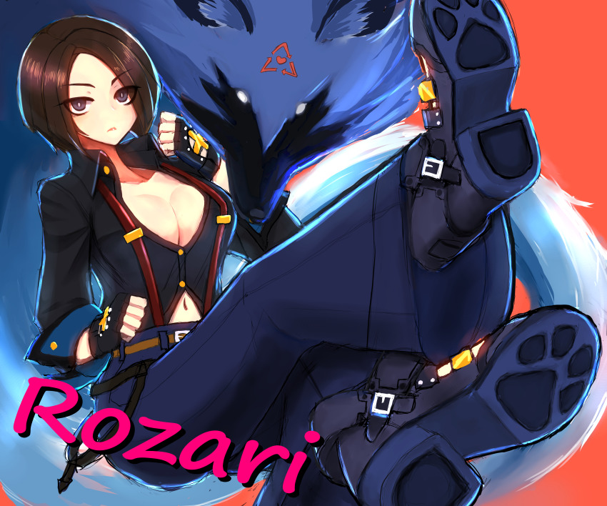 1girl, absurdres, alternate_color, black_hair, blue_fur, breasts, cleavage, fingerless_gloves