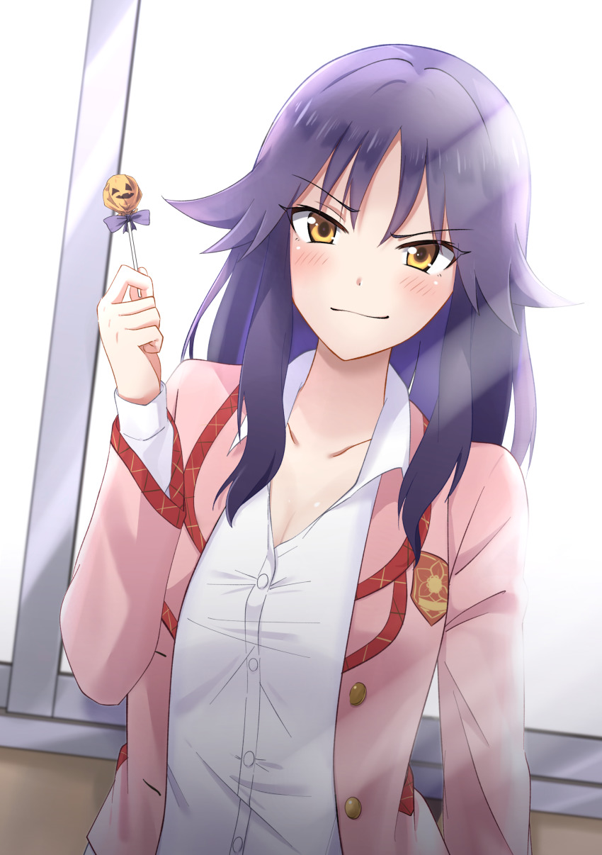 1girl, absurdres, blush, breasts, candy, collarbone, collared_shirt, dress_shirt