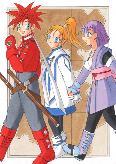 1boy, 2girls, artist_request, blonde_hair, blue_eyes, breasts, chrono_(series), chrono_trigger, colette_brunel_(cosplay), colette_brunel, cosplay, crono_(chrono_trigger), fujibayashi_sheena, lloyd_irving, lloyd_irving_(cosplay), lucca_ashtear, map, marle_(chrono_trigger), medium_breasts, multiple_girls, pantyhose, parody, purple_hair, red_hair, sheena_fujibayashi_(cosplay), spiked_hair, sword, tales_of_(series), tales_of_symphonia, thighhighs, weapon