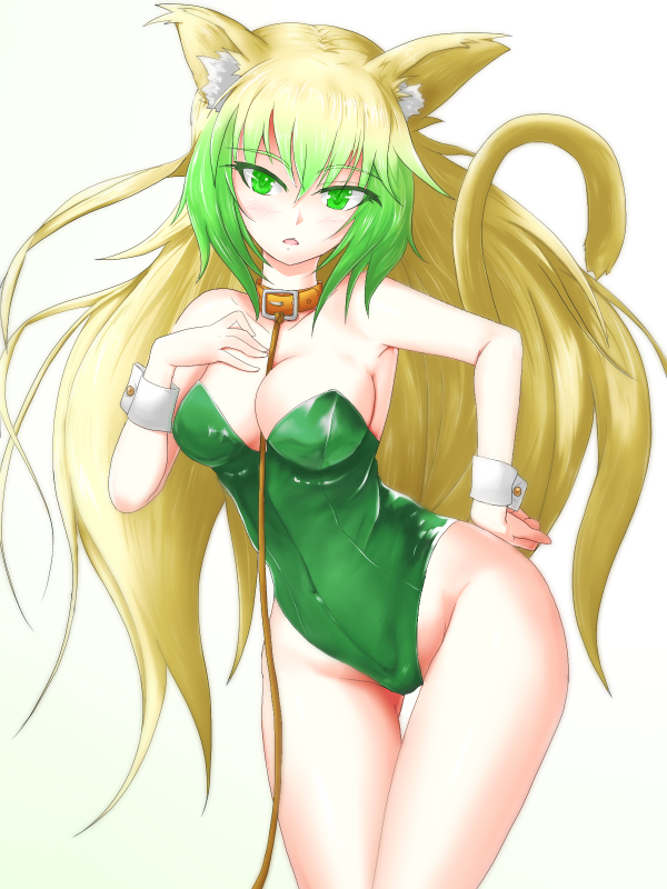 1girl, alternate_costume, animal_ears, atalanta_(fate), bad_id, bad_pixiv_id, bare_legs, blonde_hair, breasts, cat_ears, cat_girl, cat_tail, cleavage, collar, covered_erect_nipples, fate/grand_order, fate_(series), green_eyes, green_hair, green_leotard, groin, hand_on_own_chest, kittysuit, leaning_forward, leash, leotard, long_hair, looking_at_viewer, medium_breasts, multicolored_hair, nijimofu, nontraditional_playboy_bunny, solo, tail, viewer_holding_leash, white_background, wrist_cuffs
