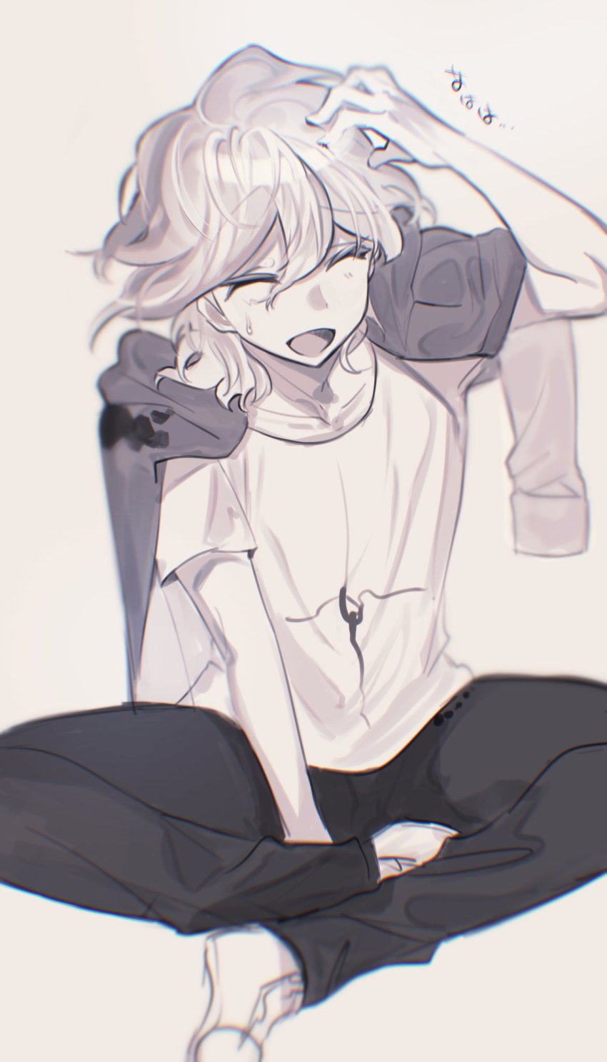 1boy, between_legs, black_pants, blue-bell, closed_eyes, collarbone, danganronpa_(series), danganronpa_2:_goodbye_despair