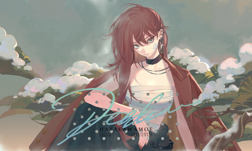 1girl, bandages, bandage_on_face, black_choker, black_pants, brown_hair, brown_jacket, chain