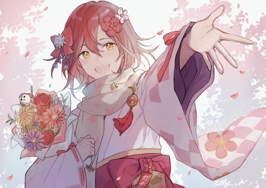 1boy, :d, argyle_clothes, argyle_kimono, bird, bouquet, falling_petals, flower