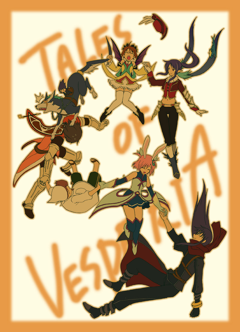 00s, 3boys, 3girls, alternate_costume, animal_ears, armor, baul_(tales), black_hair