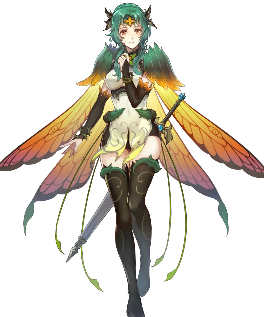 1girl, black_boots, boots, breasts, bridal_gauntlets, brown_eyes, butterfly_wings, cape, closed_mouth, denim, denim_shorts, dress, elincia_ridell_crimea, elincia_ridell_crimea_(resplendent), fire_emblem, fire_emblem:_path_of_radiance, fire_emblem:_radiant_dawn, fire_emblem_heroes, full_body, gradient_clothes, green_hair, hair_ornament, hand_up, highres, insect_wings, looking_at_viewer, medium_breasts, nintendo, official_alternate_costume, official_art, short_dress, shorts, smile, solo, standing, sword, thigh_boots, thighhighs, thighs, thorns, tiara, transparent_background, weapon, wings